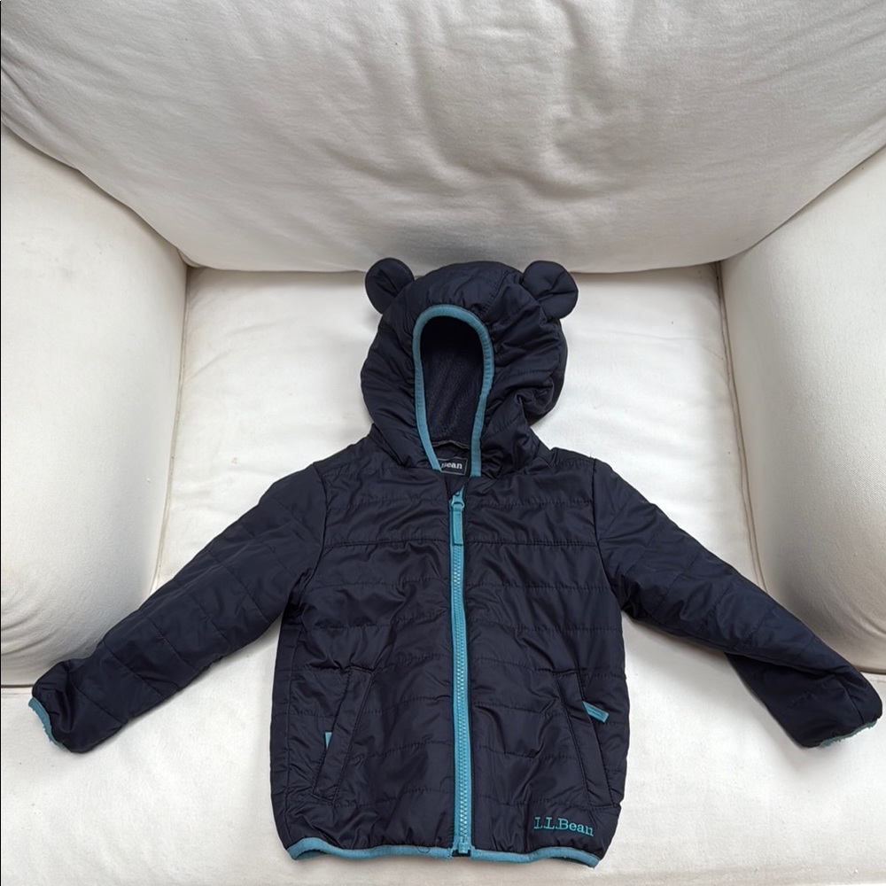 L.L. Bean Black Jacket with Teal Trim and Bear Ears